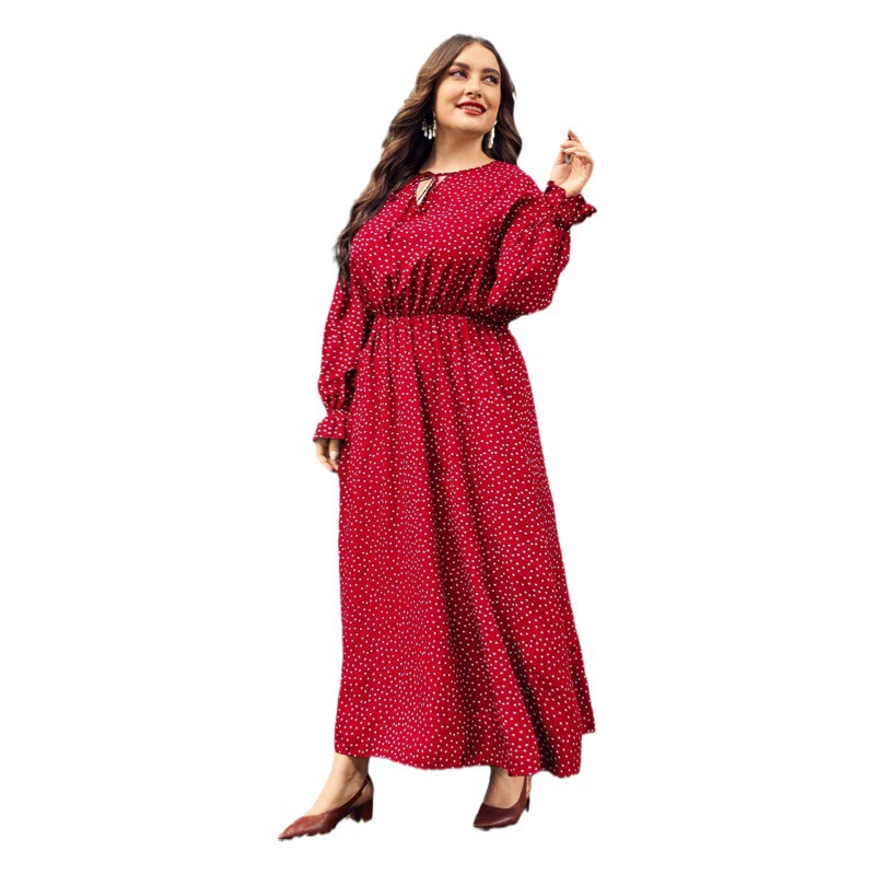 Платье женское больших размеров в европейском и американском стиле для трансграничной торговли, 2025, в горошек, свободное, с длинным рукавом, для полных женщин