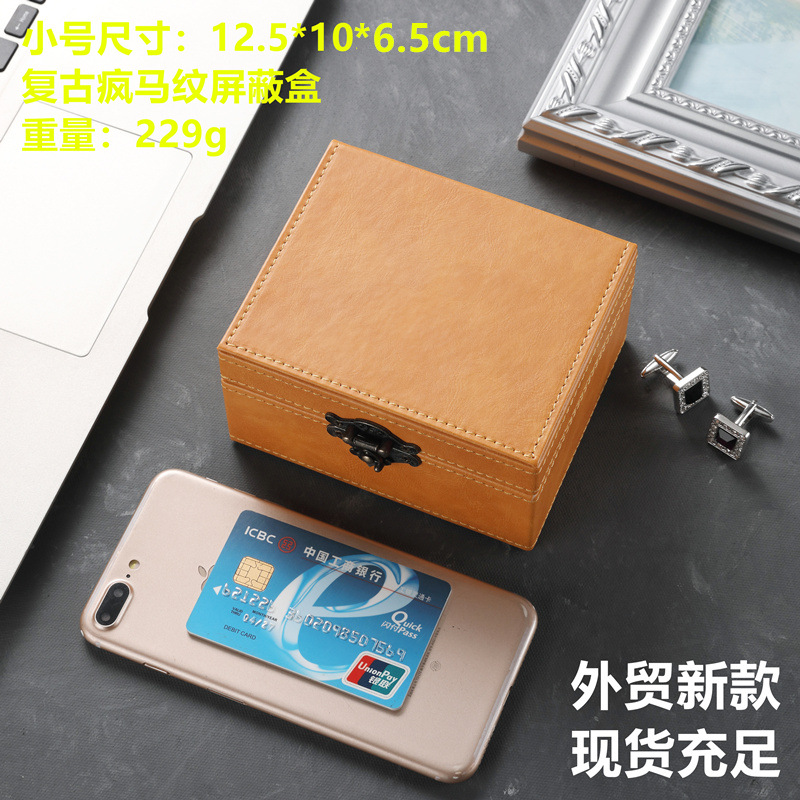 Large and small retro crazy horse leather rfid faraday box car shielding key box mobile phone signal shielding