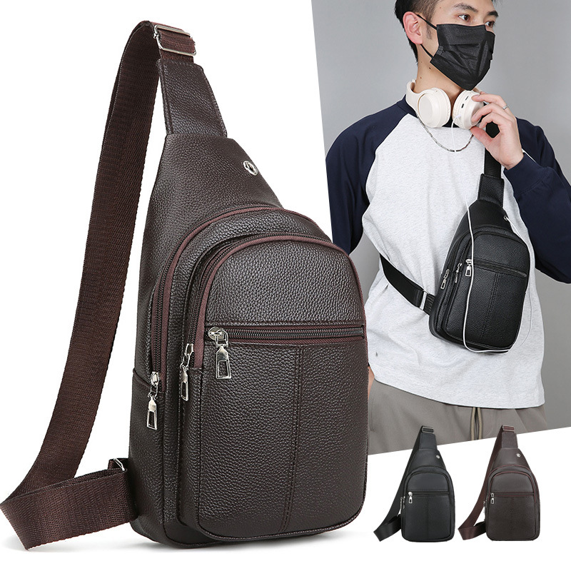 Cross-border new men's chest bag, made of cowhide, simple and stylish, casual shoulder bag, crossbody bag, portable small backpack for outings