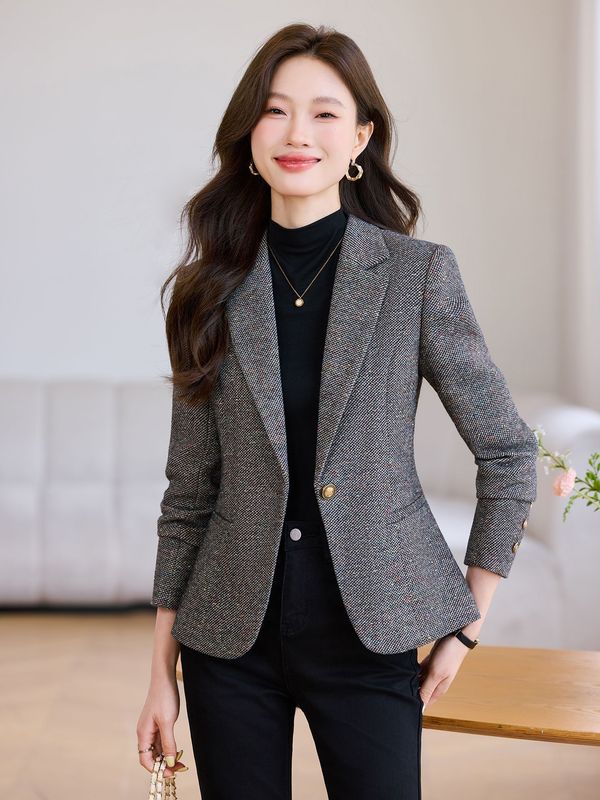 高级感毛呢西装外套女2025新款秋冬复古干练女士气质通勤西服上衣|undefined