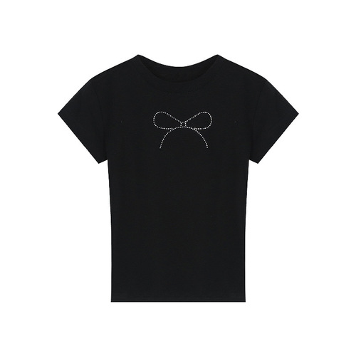 2024 Summer American Style Spicy Girl Short Sleeve T-Shirt Lady Navel Exposure Black Bowknot Embroidered with Gems Fitted Short Top Trendy