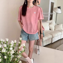 2026夏季新款简约爱心短袖针织衫T恤女韩系休闲宽松圆领百搭上衣