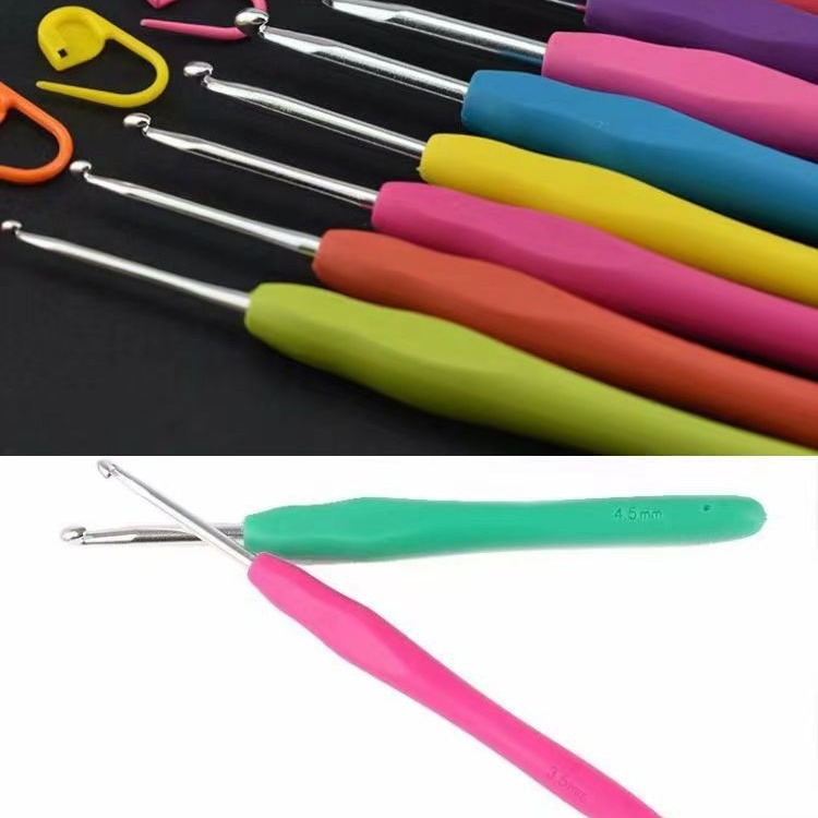 单头钩针TPR硅胶钩针软柄实心钩针套装PVC包装手工铝勾针