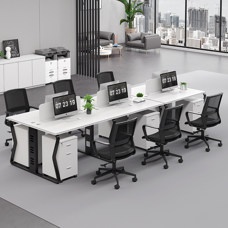 Mesa de oficina de 1 persona simple negro con pantalla de cuatro personas asiento de tarjeta de personal mesa de oficina de personal combinación de sillas
