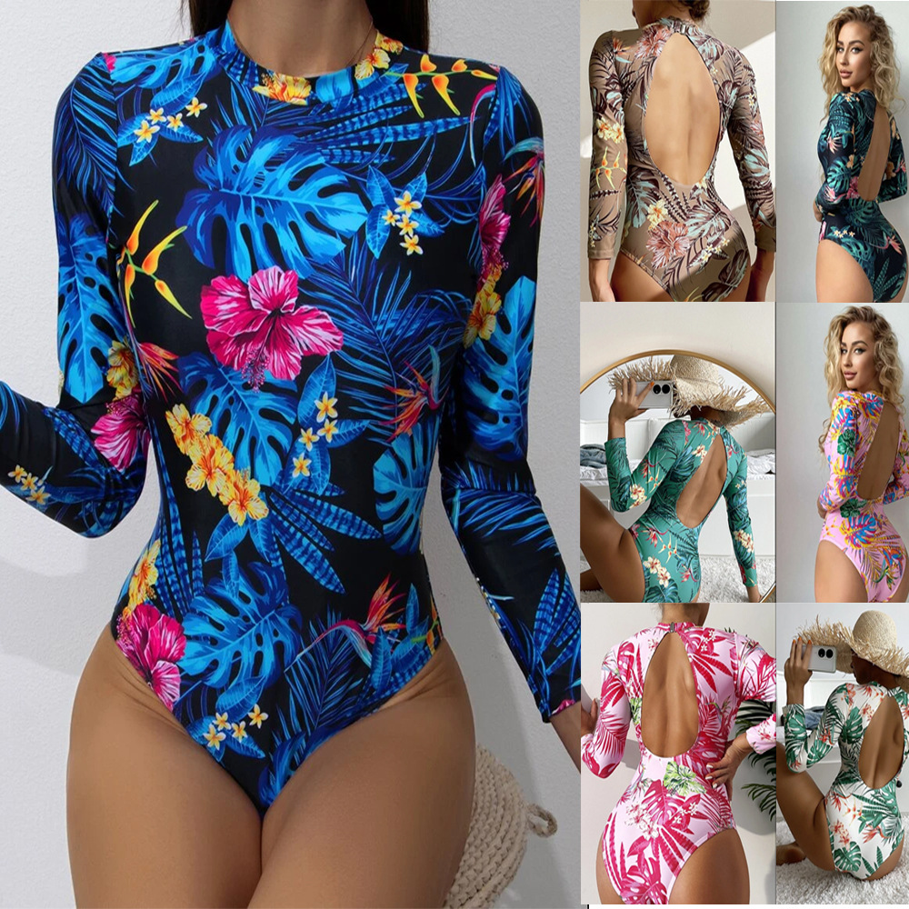 2022 new European and American one-piece swimsuit Amazon cross-border surfing conservative printed long sleeve backless swimsuit