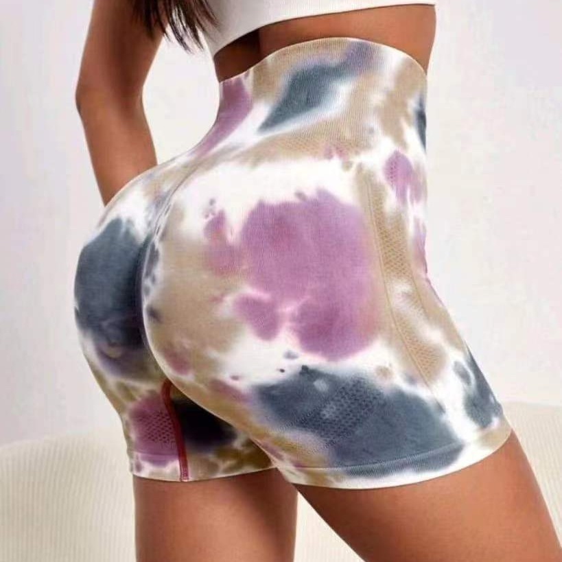 New Color Seamless High-Waist Tie-Dye Sports Shorts, Body-Con Hip-Lifting Tie-Dye Slimming Abdominal Peach Yoga Fitness 3/4 Shorts