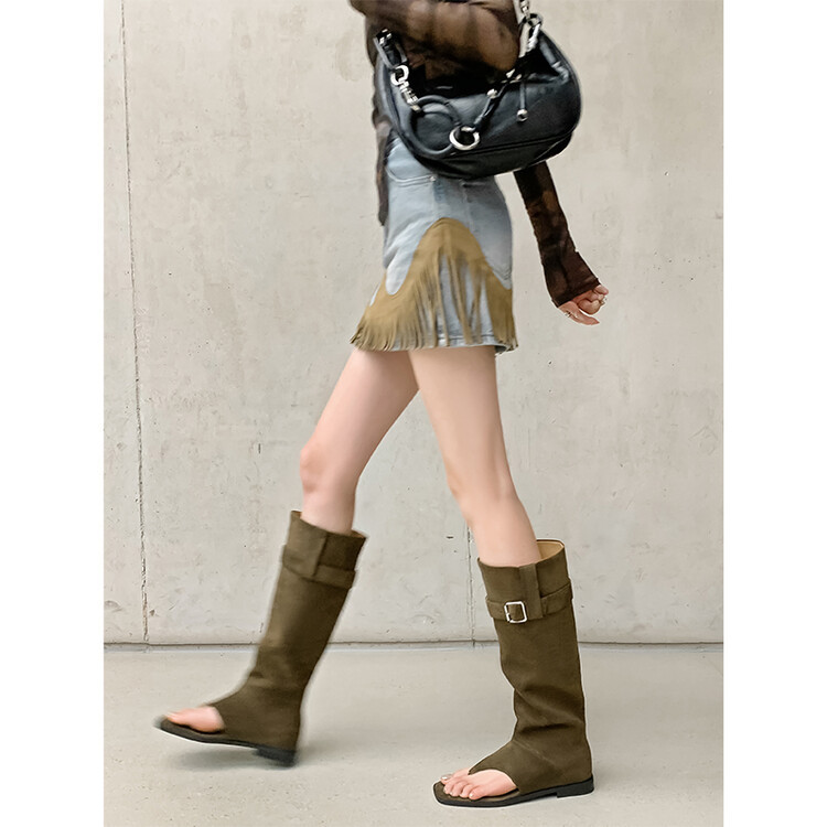 Boot nữ cổ cao ôm bắp chân da thật phong cách miền Tây — mơ, nâu chi tiết 47