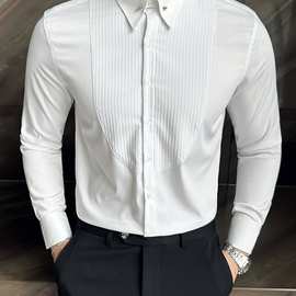 褶皱条纹法式衬衫 领口金属装饰设计感男礼服轻奢高质感长袖衬衣
