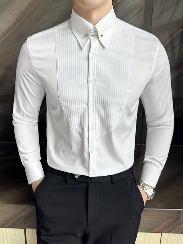 Pleated striped French style shirt collar metal decorative design men's dress light luxury high texture long sleeve shirt