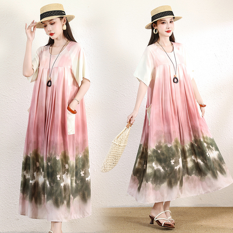 New Cotton Silk Ethnic Style Light Luxury Floral Dress for Moms, Fashionable Long Dress with Mid-Sleeves for Outerwear