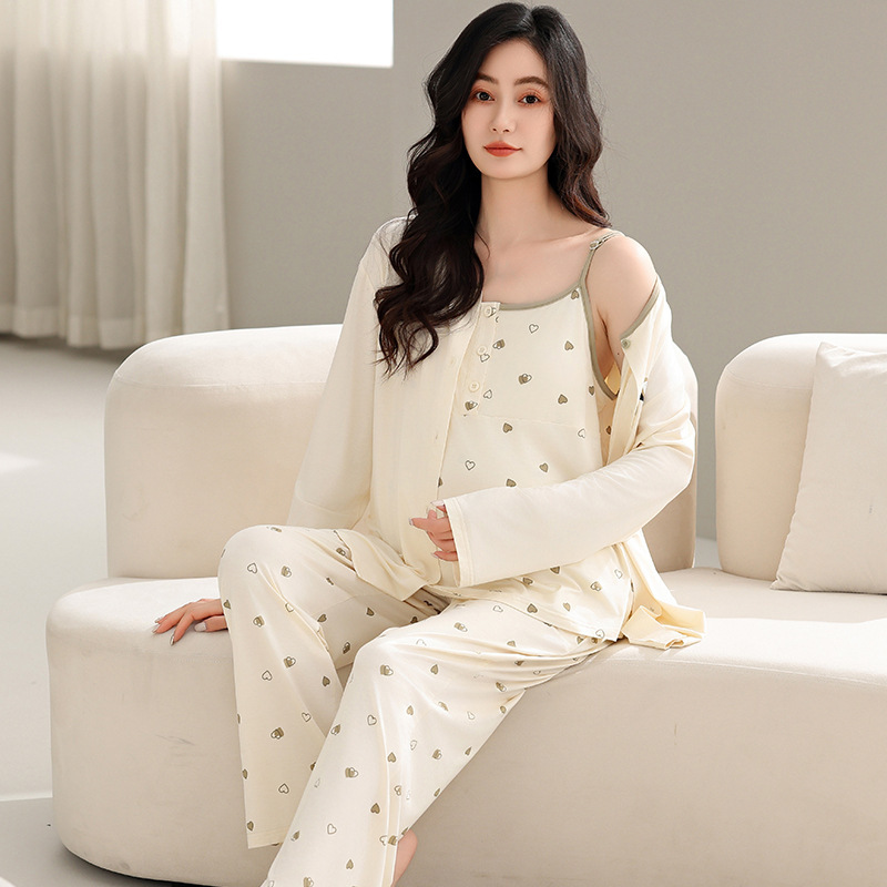 Modal Maternity Pajamas Cardigan Women's Suspender Long-Sleeved Pants with Breast Pads Light and Soft Confinement Spring and Summer Suit