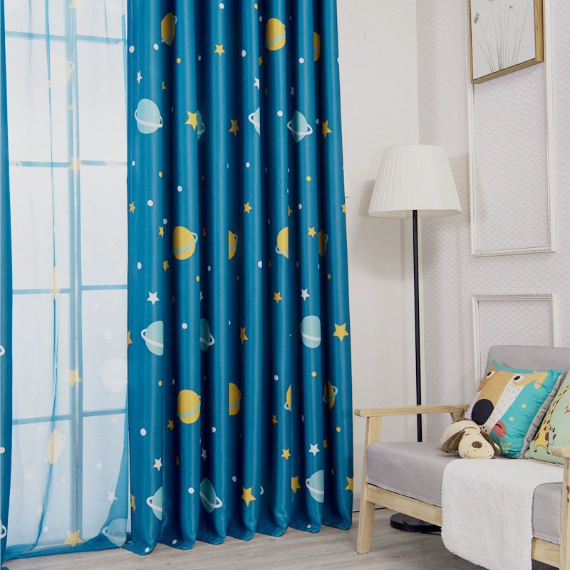 Curtain Fabric Blue Planet Print, Black-silk Blackout, Printed Per Meter for Living Room & Bedroom