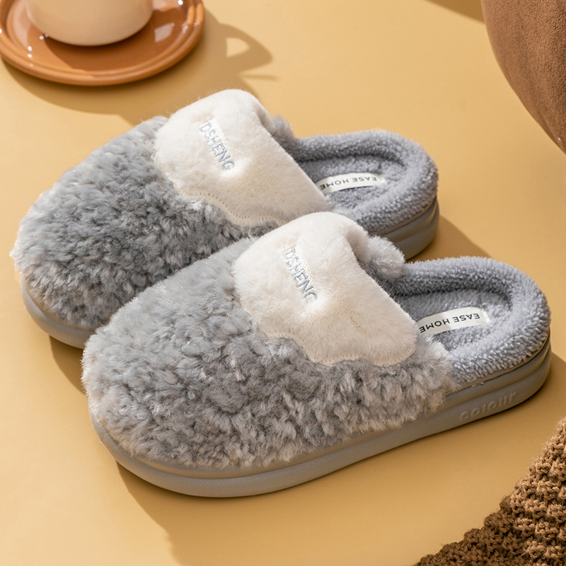 Nadýchané pantofle, jednoduché, s mašlí, králičí, plyšové, teplé, bavlněné, přetahovací, pokoj pro páry, vnitřní bavlněné pantofle_voghion.com