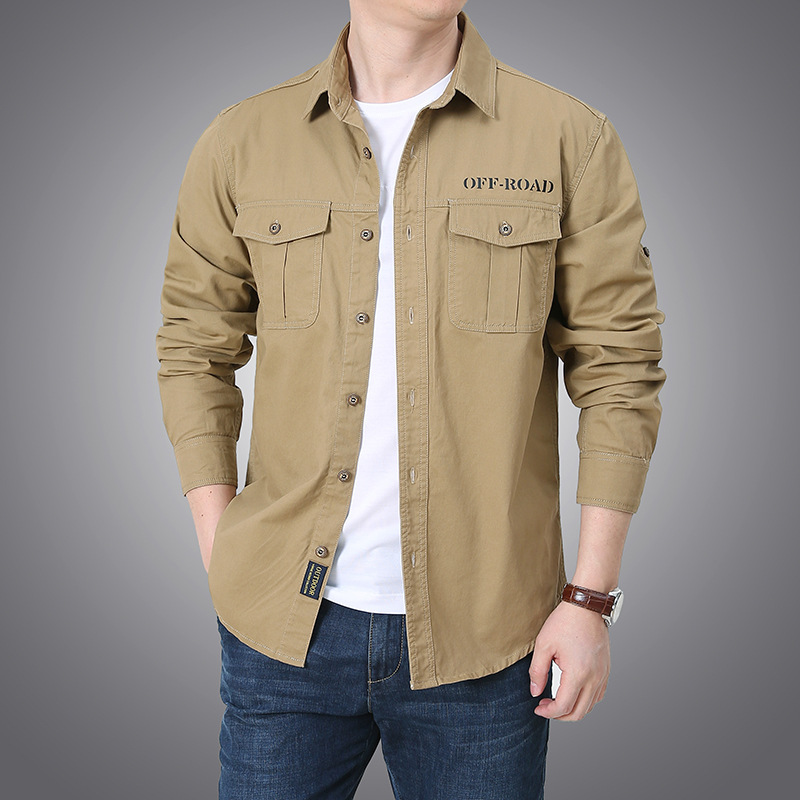 2024 primavera y otoño camisa de mangas largas hombre casual multi-bolsillo suelto camisa de negocios de mediana edad camisa de algodón chaqueta de trabajo