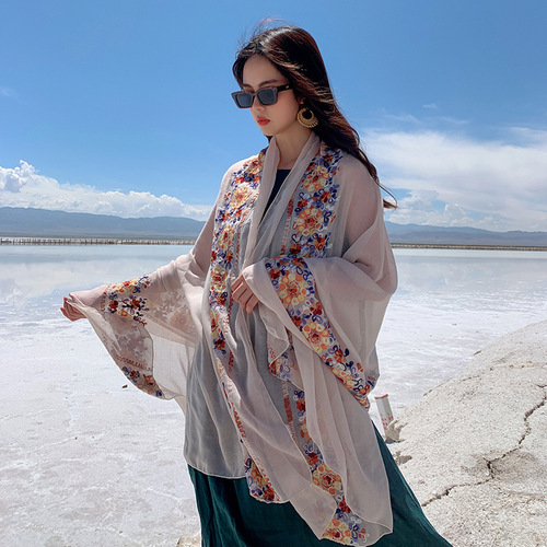 Bohemian style outdoor beach towel, sun protection shawl, women's scarf, photo embroidery, ethnic style travel scarf