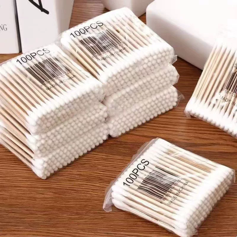 Double-Ended Cotton Swabs, Wooden Stick, 7 cm — Disposable Makeup & Ear Care, 100 pcs pack