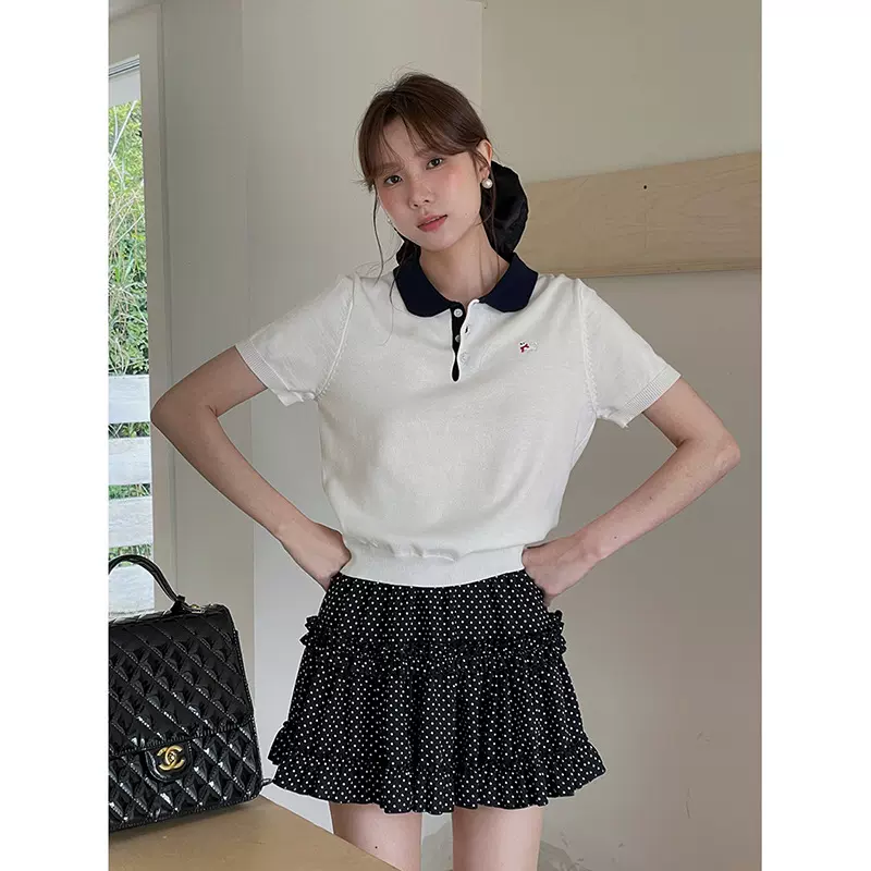 【韩系彼得潘】歌铭撞色翻领刺绣针织衫女夏季新款短袖上衣J897B