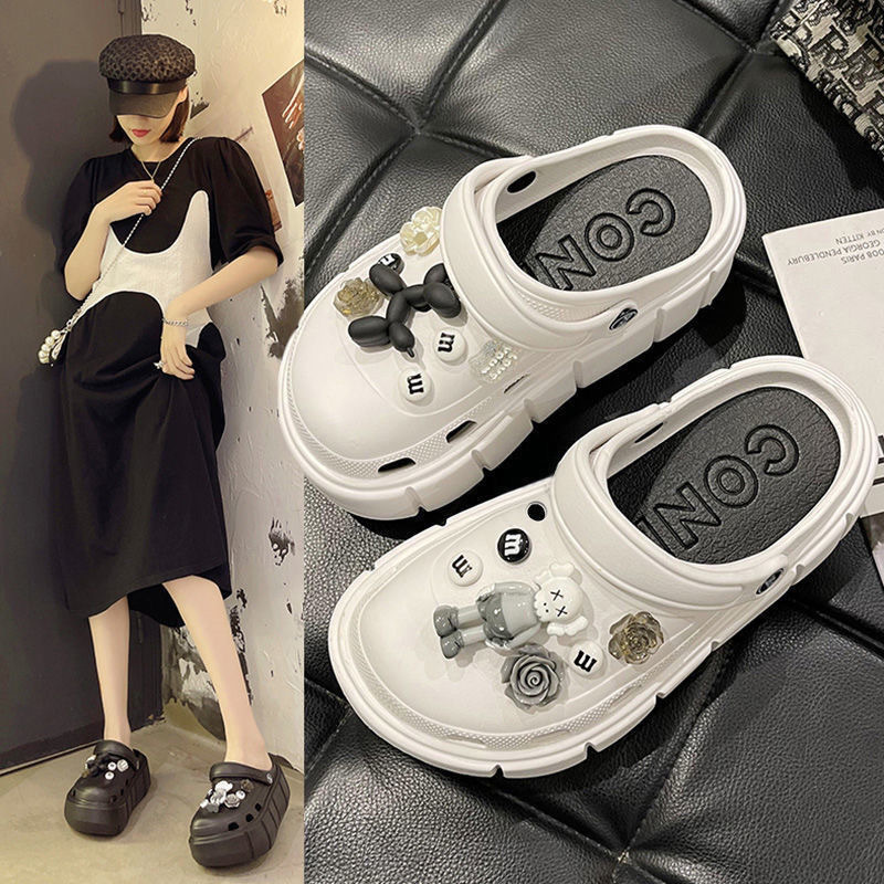 Cross-border Hole Shoes Women's Summer Sesame Street Stomp Feeling Thick-soled Soft-soled muffin Baotou High-heeled Slippers Outer Wear Sandals