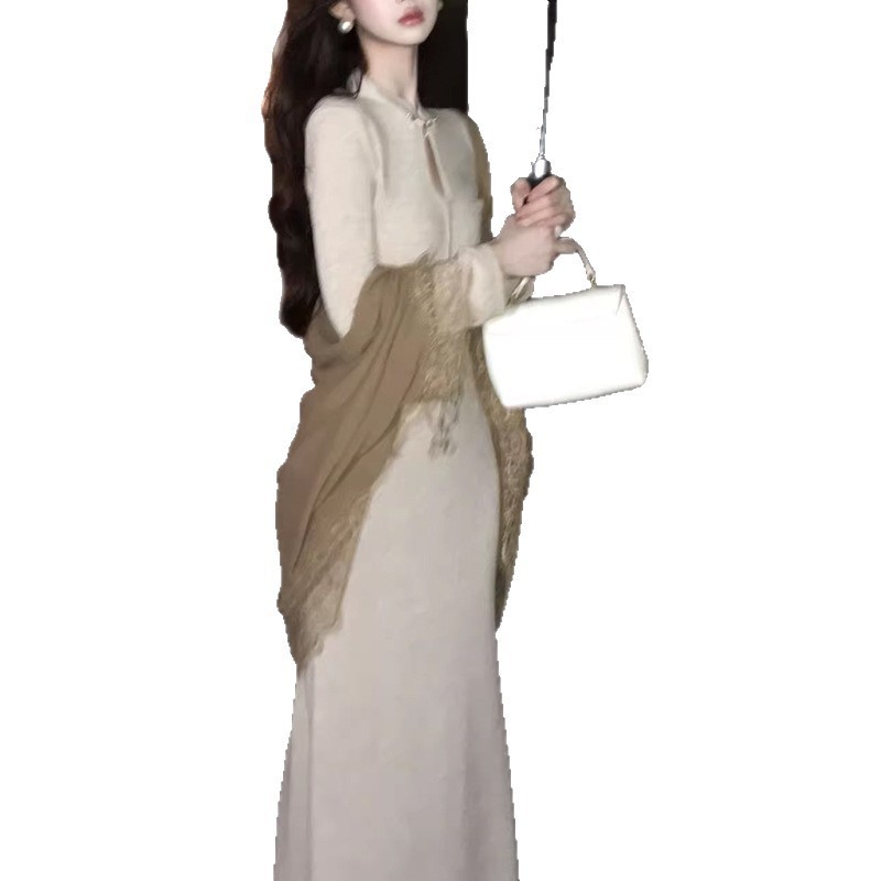 2025秋季新中式巨好看的早秋连衣裙立领刺绣针织长裙开衫外套女潮|undefined