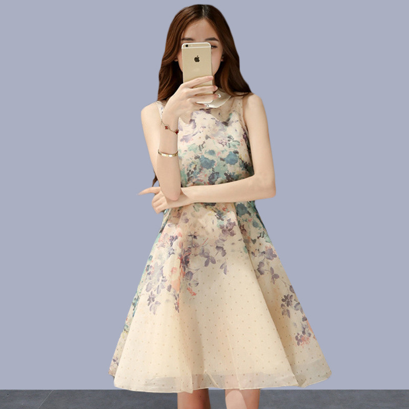 Papaya Milk Summer New Korean Style Elegant Waist Slimming Look A-Line Skirt Doll Collar Sleeveless Printed Waist Dress Papaya Milk Summer New Korean Style Elegant Waist Slimming Look A-Line Skirt Doll Collar Sleeveless Printed Waist Dress
