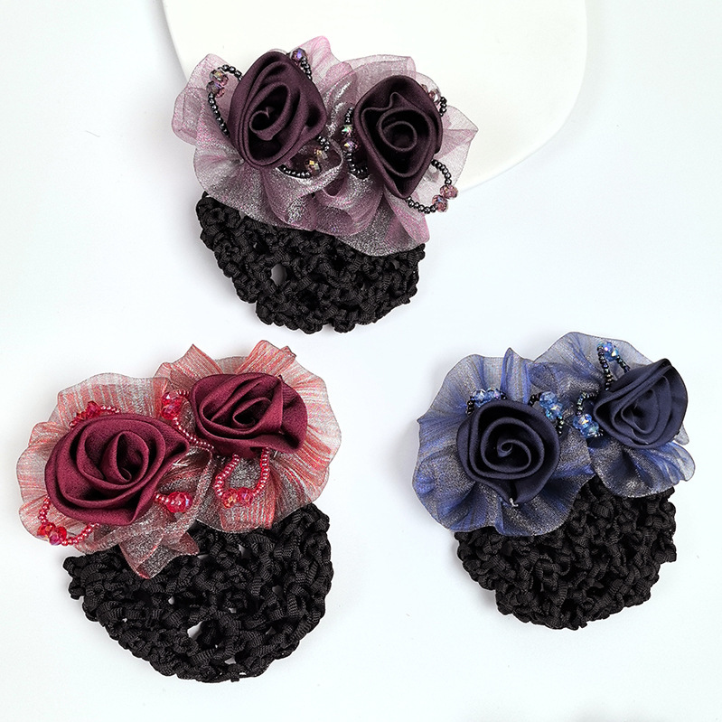 Cross-Border Tiktok Style Professional Hair Net Bun Maker Three-Flower Bead Hair Net Hair Accessory Headdress