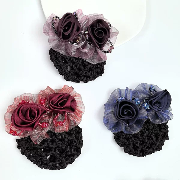 Cross-Border Tiktok Style Professional Hair Net Bun Maker Three-Flower Bead Hair Net Hair Accessory Headdress