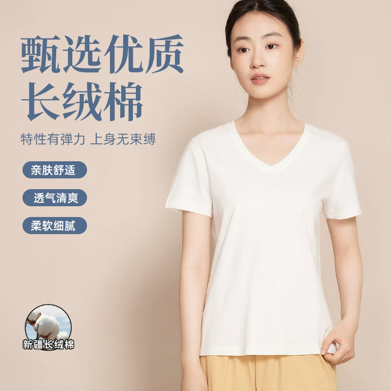 Женская футболка с коротким рукавом, новая весенне-летняя модель, из жидкого аммиачного хлопка, для ношения как нижнее белье или домашняя одежда, из чистого хлопка, влагопоглощающая, дышащая, повседневный топ с V-образным вырезом из длинноволокнистого хлопка.
