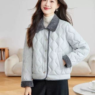 轻薄翻领棉服女短款2026秋冬季新款时尚洋气菱格撞色棉衣棉袄外套