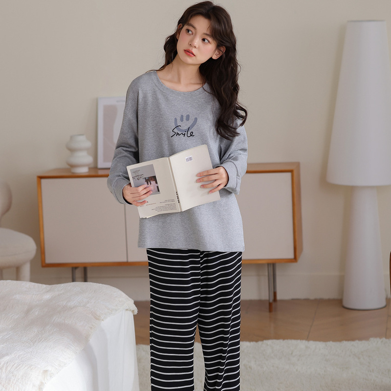 睡衣女春秋季纯棉长袖2025新款秋冬卡通笑脸可外穿少女家居服套装|undefined