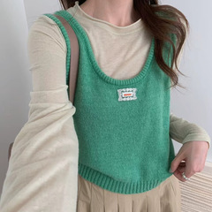 秋季绿色u领蕾丝标针织吊带背心马甲女外搭叠穿韩系坎肩无袖上衣
