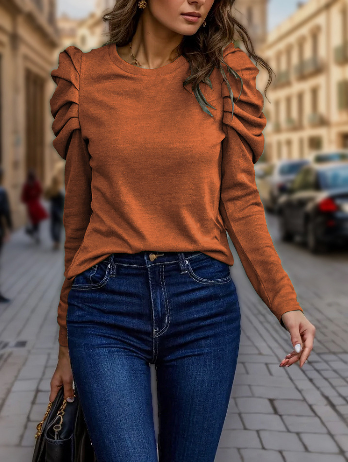 Ropa de Mujer de Manga Corta para Otoño e Invierno 2023, Estilo Europeo y Americano, Nueva Colección Transfronteriza de Amazon, Cuello Redondo de Cachemira de Alta Elasticidad, Ajuste Entallado, Mangas Abullonadas