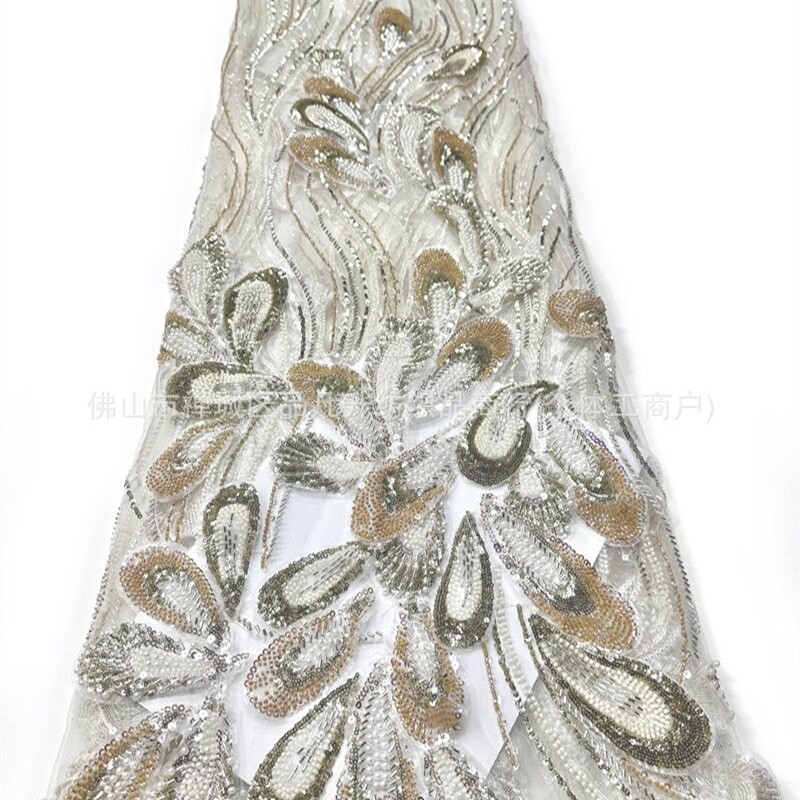 Peacock pluma bordada a mano tela de malla de perlas tamaño de perla pieza de tubo mezcla costura ligera de lujo banquete anfitrión vestido de tela image 3