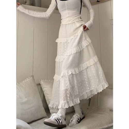 Lace cake dress for women 2025 high-waisted slimming waist-cinching mini skirt for petite figures white early autumn long dress A-line