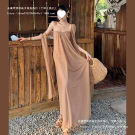 度假风飘带无袖抹胸连衣裙女夏季气质宽松大摆裙子设计感休闲长裙