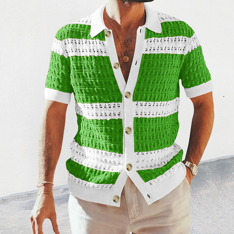 Men's Knit Shirt With Turn-down Collar And Color Block Design_voghion.com
