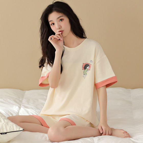 2024 Summer Short Sleeve Shorts Cotton Home Suit Crewneck Pullover Cute Cartoon Girls Pajamas