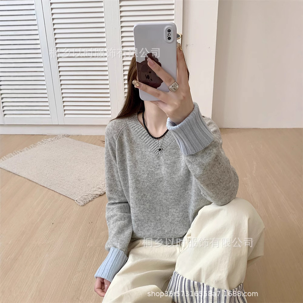 ESHI 겨울 새로운 품질 니트 PUYUAN 양모 스웨터 여성의 V 넥 컬러 소매 대비 컬러 모든 울 스웨터