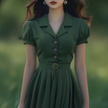 绿色衬衫式连衣裙女夏季森系田园风茶歇法式长裙绝美小裙子高级感