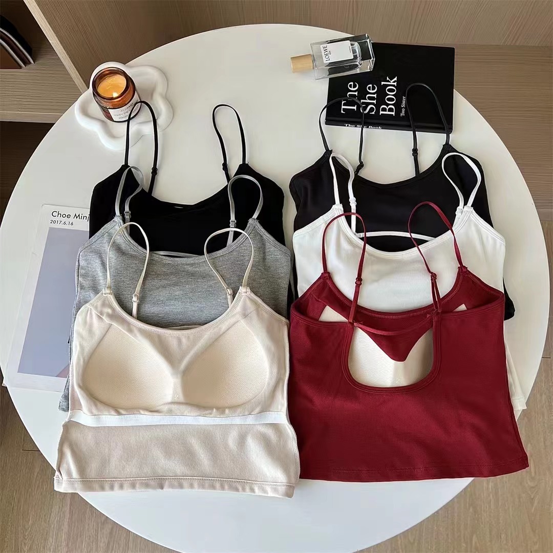 秋冬磨毛加厚保暖吊帶背心女帶胸墊露背美背內衣修身顯瘦打底上衣