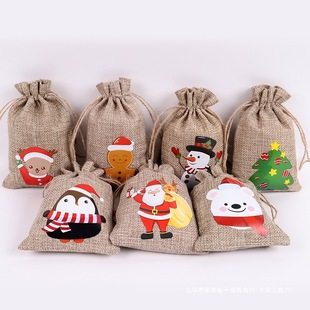 Cross-Border Amazon Christmas Linen Bag Drawstring Pocket Candy Small Gift Packaging Bag Christmas Gift Bag Ready for Sale