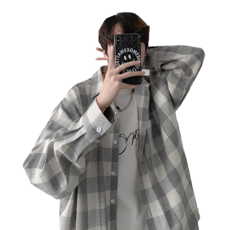 Camisa a cuadros estilo coreano Primavera de los hombres ins juventud camisa de manga larga 2021 suelta moda guapo abrigo del todo fósforo