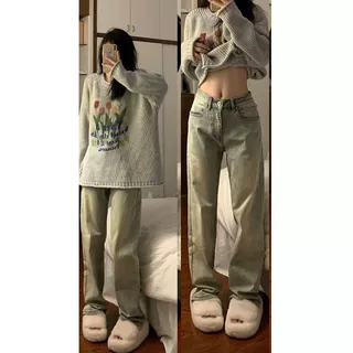美式复古直筒牛仔裤女2025年春夏新款高腰修身显瘦黄泥色阔腿长裤