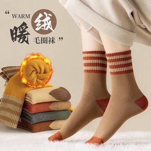 Thick Socks for Women, Winter Terry Mid-Calf Socks, Fleece-Lined, Warm, Striped, Sports, Odor-Resistant, Autumn and Winter Style, Towel-Like Long Socks for Women
