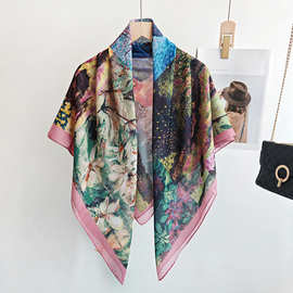 油画风拼接色彩印花棉麻手感轻薄马来包头仿丝棉方巾纱巾女批发