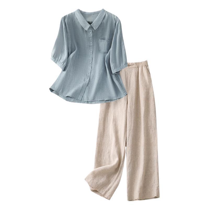 中年女性・お母さん向けの大きいサイズの夏服、カジュアルな綿麻スーツ、おしゃれな高級アシル麻シャツ、お腹カバー2点セット|undefined