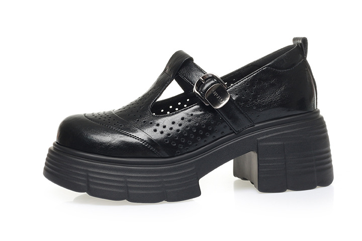Sandal cao gót đế dày nữ hở mũi, thoáng khí mùa hè, da thật — Màu be chi tiết 10