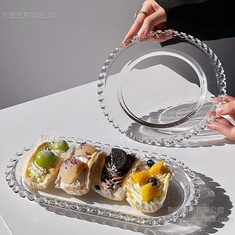 Serie de platos de vidrio de frutas de borde de amor coreano de estilo ins, platos de postres transparentes para el hogar, platos para pasteles, platos para ensaladas image 2