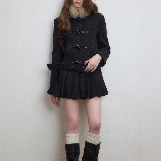 Luam0s 羊毛混纺可拆卸毛领毛呢外套女秋冬加厚百褶下摆呢子大衣