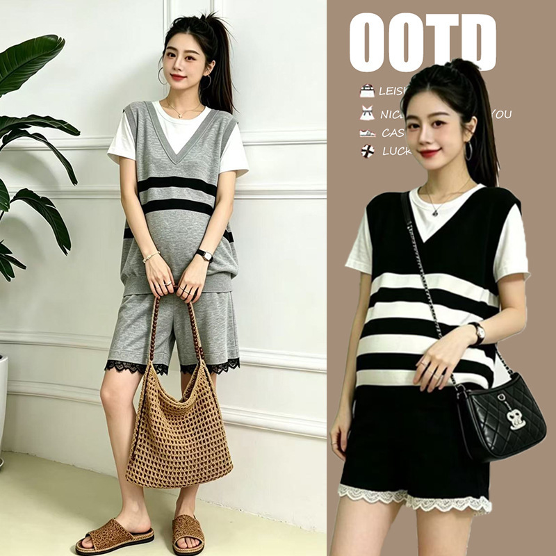 Breastfeeding Clothes for Going Out in Summer, Fashionable and Stylish Postpartum Nursing Clothes, Fake Two-Piece Tops, Lace Splicing Shorts, Two-Piece Set Breastfeeding Clothes for Going Out in Summer, Fashionable and Stylish Postpartum Nursing Clothes, Fake Two-Piece Tops, Lace Splicing Shorts, Two-Piece Set