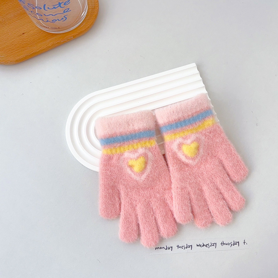 Nuevos guantes cálidos para niñas a rayas de amor a prueba de frío y engrosamiento en invierno, los niños tejen en bicicleta para jugar con la nieve y escribir cinco dedos